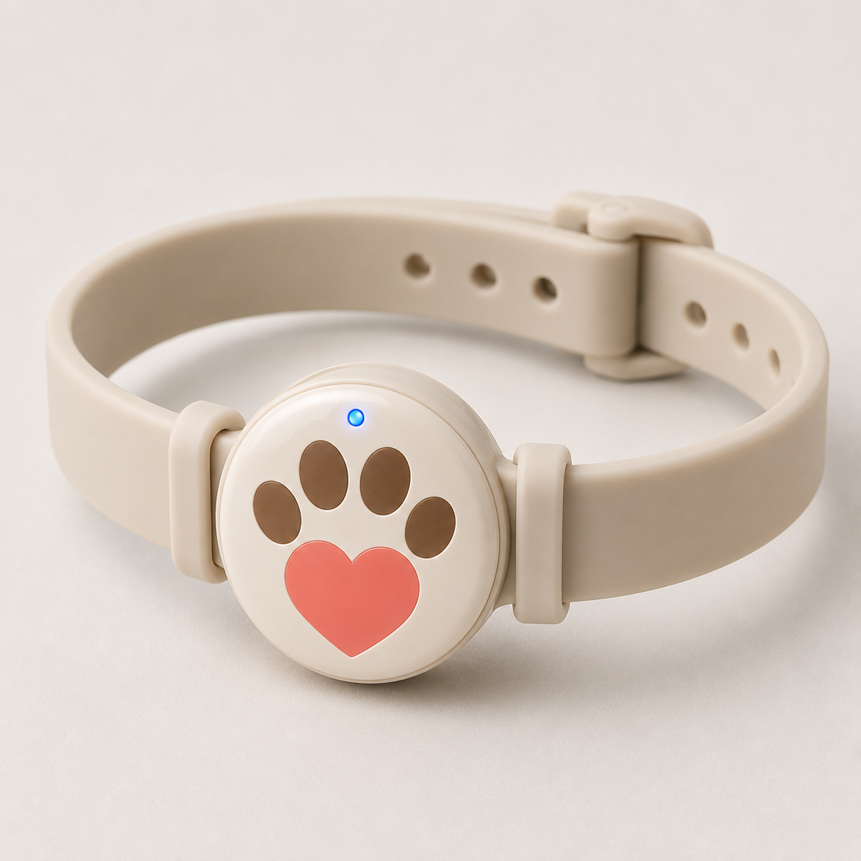 FINDPAW 스마트 목걸이 밴드형 — 크림색 실리콘 밴드에 로고 기기가 장착된 모습