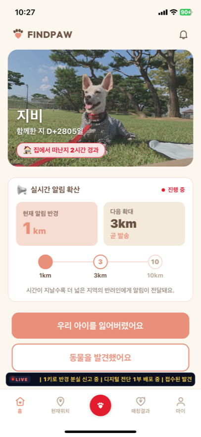FINDPAW 분실 모드 홈 — 우리 아이 카드, 반경이 1km에서 10km로 자동 확장되는 실시간 알림, 신고 버튼